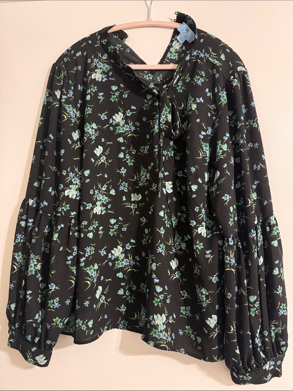 Black Floral Tie-Neck Blouse with Green & Blue Print